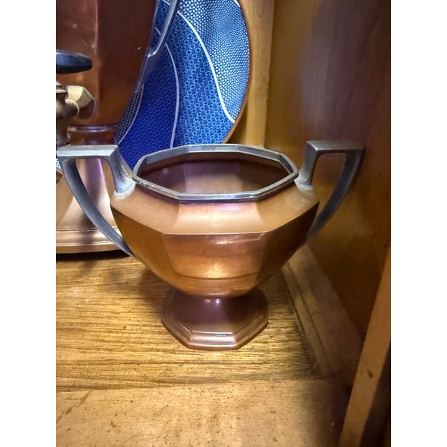 Manning Bowman & Co. 1930s Beautiful Art Deco Copper Percolator, Creamer and Sugar Set For Sale - Image 4 of 12