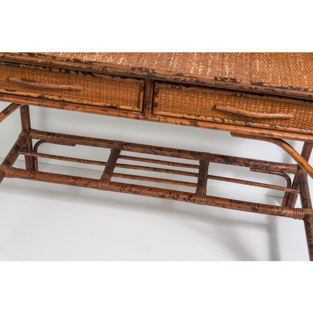Pagoda Writing Desk British Colonial Style Rattan & Grasscloth For Sale - Image 10 of 10