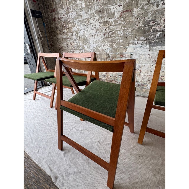 Wood Set of 6 Mid Century Modern Teak Folding Dining Chairs With Green Upholstery For Sale - Image 7 of 11