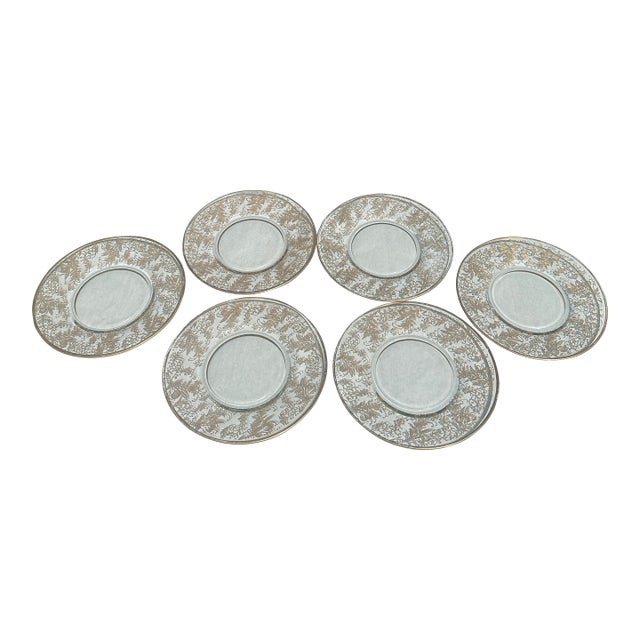 1970s Fostoria Glass Yellow Versailles Collection of Plates With Gold Accents- Set of 6 For Sale
