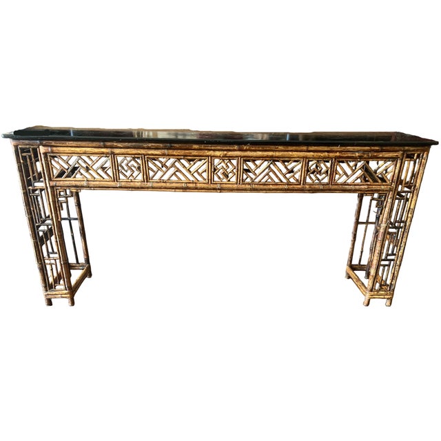 Late 20th Century Asian Bamboo Sofa Table With Black Lacquer Top & Wood Joinings For Sale - Image 5 of 8
