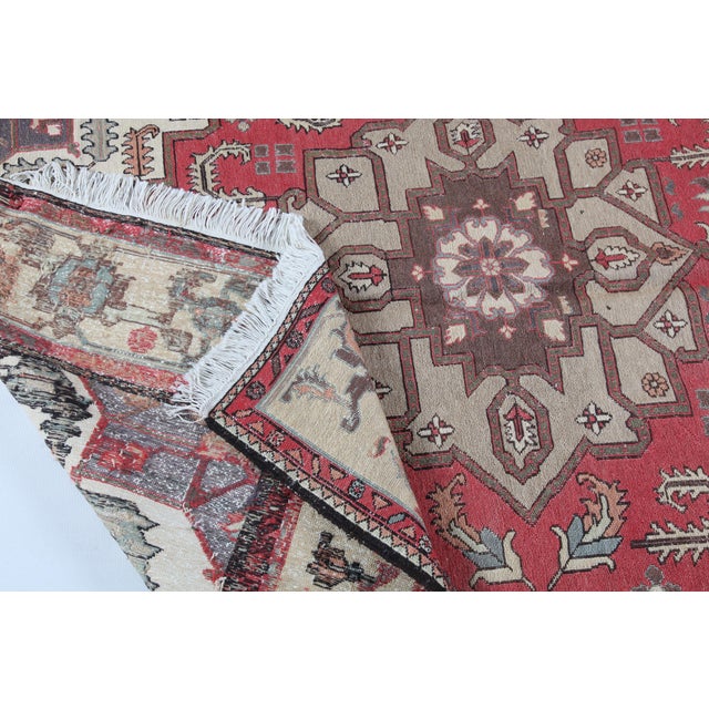 Red Vintage Handwoven Embroidery Sumak Kilim Rug With Central Medallion – 4' 8'' X 6' 4'' For Sale - Image 8 of 10