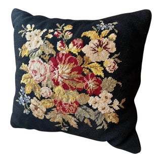 Vintage Black Floral Bouquet Needlepoint Pillow For Sale
