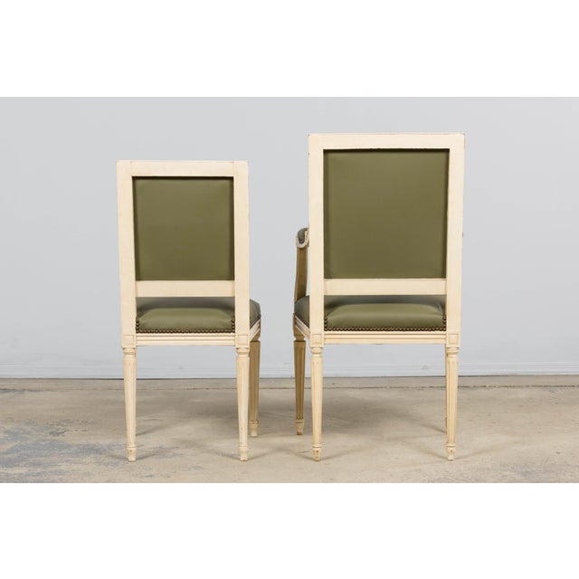 Wood Antique French Louis XVI Style Painted Dining Chairs in Olive Green Leather - Set of 8 For Sale - Image 7 of 18