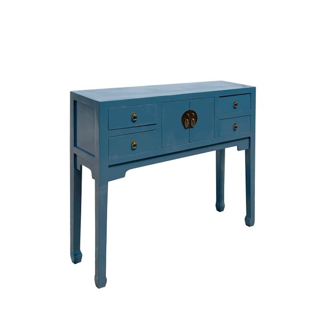 This is a simple pastel venice blue #35607A lacquer slim narrow console side table with a straight-leg design. Drawers are...
