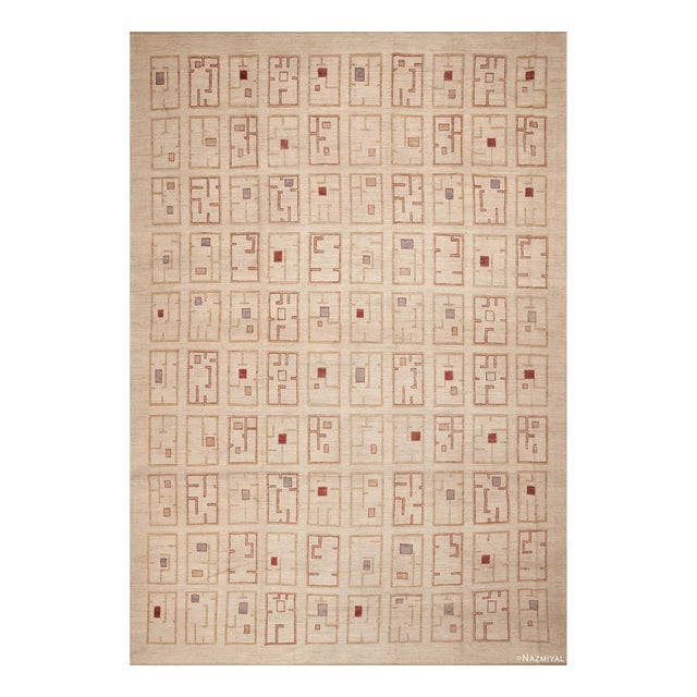 Ivory Cream Large Modern Rustic Tribal Geometric Grid Pattern Rug For Sale