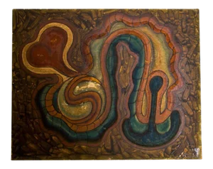 Organic Art Form Modern Abstract Oil on Board Painting 1980s