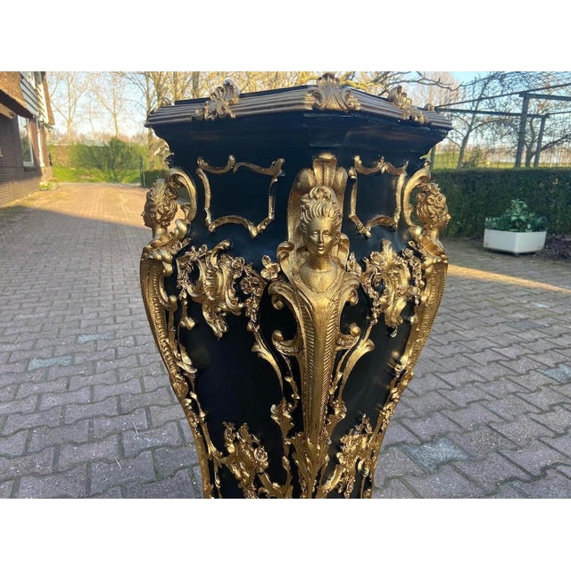 Pair 1990 Italian Baroque Black Gold Pedestals W/ Marble Effect Tops – 2 Pieces For Sale - Image 9 of 15