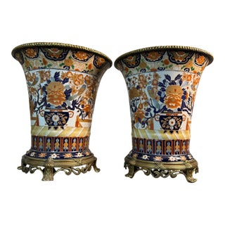 Large Japanese Imari Porcelain Vases With Bronze Mounts - Vintage Pair Indoor Outdoor Planters For Sale