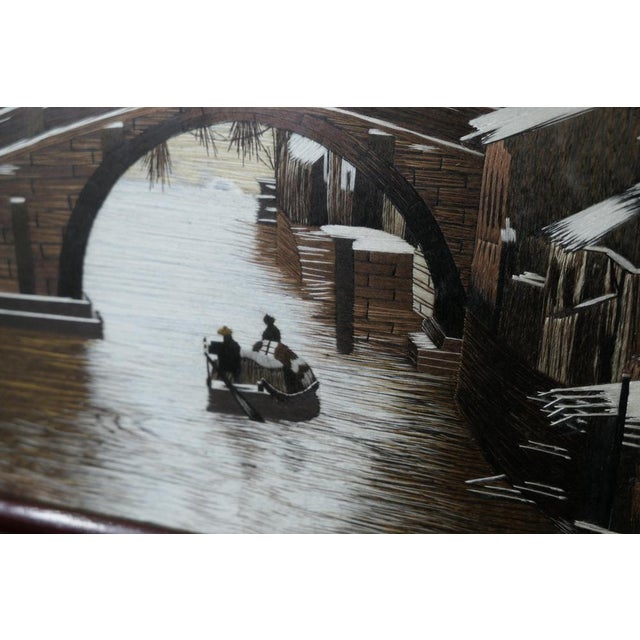 Chinese Silk Table Screen with Intricately Carved Stand For Sale - Image 4 of 9