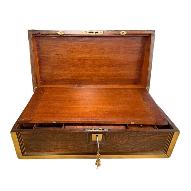 Wood 19th Century Victorian Burr Walnut & Brass Campaign Writing Slope W/Fully Intact Secret Drawers For Sale - Image 7 of 15