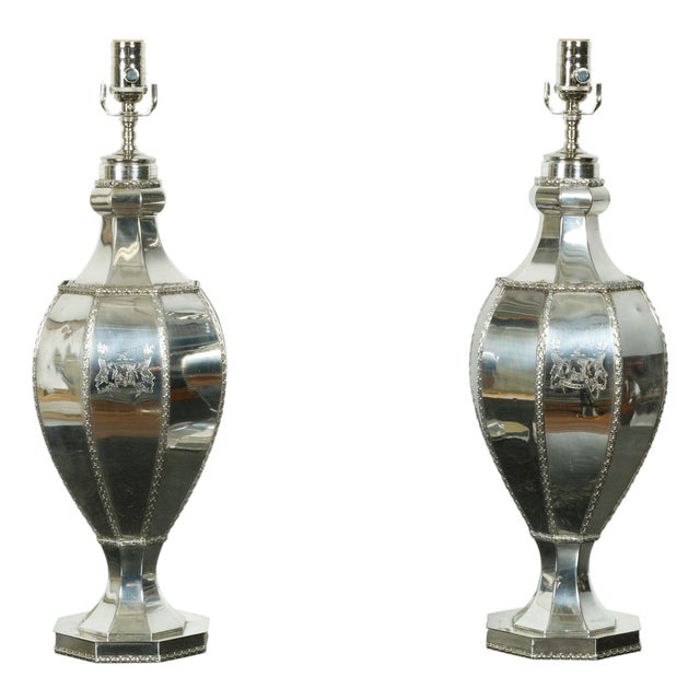 1940s Silver Plated Table Lamps with Bious-et-Augax Armorial Crest - a Pair For Sale