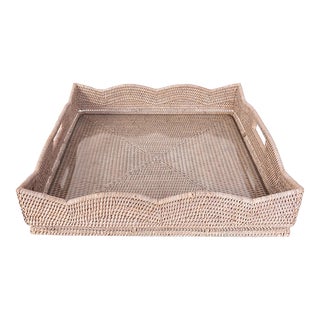 Artifacts Rattan Scallop Square Tray with Glass Insert in White For Sale