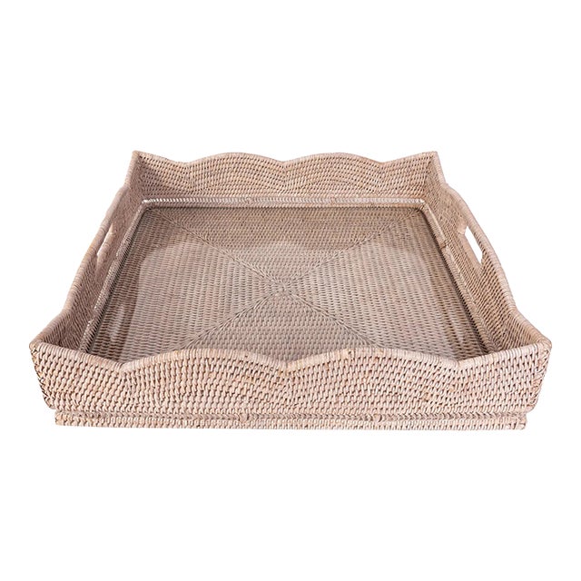 Artifacts Rattan Scallop Square Tray with Glass Insert in White For Sale