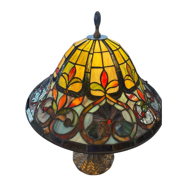 Late 20th Century Art Nouveau Style Stained Glass Table Lamp With Floral Shade & Cast Leaf Base For Sale In Greensboro - Image 6 of 7
