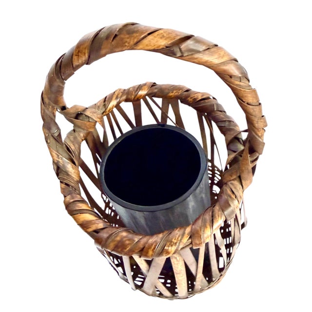 1920s Japanese Bamboo Basket Ikebana Tea Ceremony Flower Antique Vase Vintage Signed For Sale - Image 10 of 18