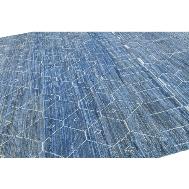 Textile Modern Moroccan Indigo Blue Geometric Handmade Wool Rug 12x16 For Sale - Image 7 of 10