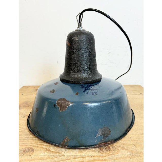 Industrial Blue Enamel Factory Lamp with Cast Iron Top, 1960s For Sale - Image 11 of 18