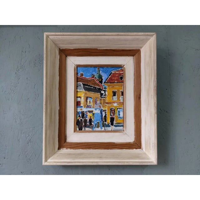 Yellow Mid-Century Modern Swedish Oil Painting "Pedestrians", Framed Street Scene For Sale - Image 8 of 8
