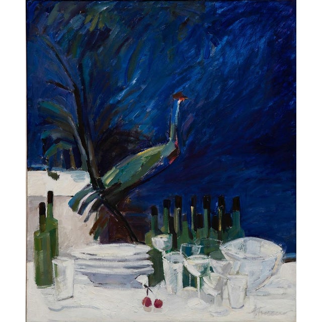 Still life with peacock and bottles, oil on canvas, bears signature of artist Oidentifirad Konstnär. Framed in a white...