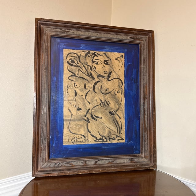 Original Peter Keil painting featuring his expressive, gestural figurative style with bold blue accents and energetic...