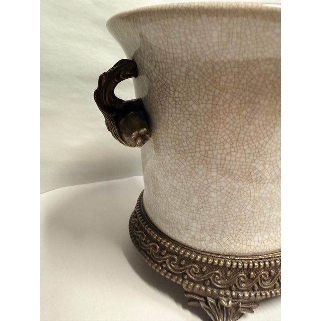Cream Vintage Hollywood Regency Crackle Cachepot With Pomegranate Handles For Sale - Image 8 of 12