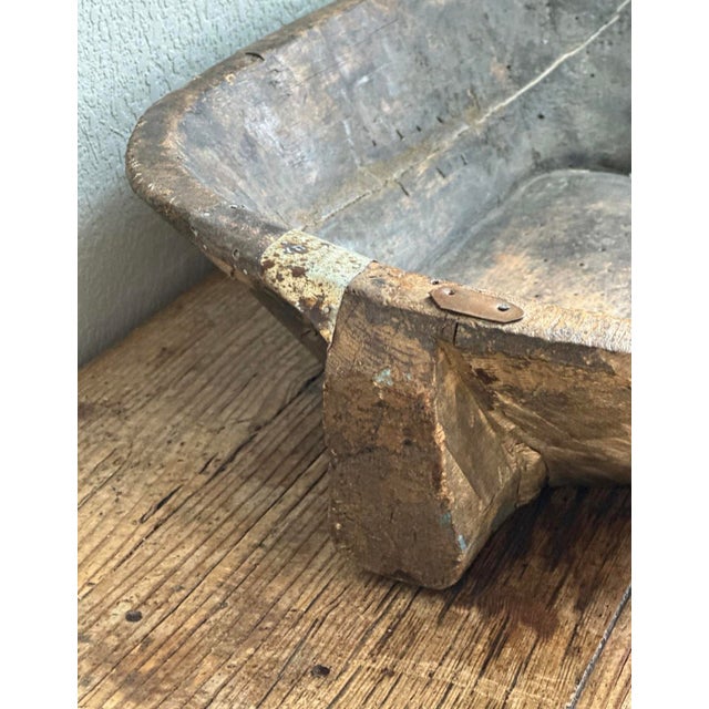 Antique Eastern European Hand-Carved Wooden Dough Bowl With Original Metal Repairs For Sale In San Francisco - Image 6 of 6