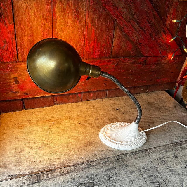 Vintage Adjustable Brass & Cast Iron Gooseneck Desk Lamp For Sale - Image 13 of 16