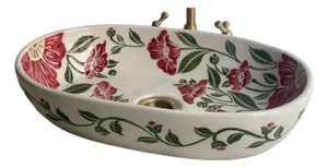 Red Flower Oval Vessel Sink, Hand-Painted Moroccan Ceramic Bathroom Basin