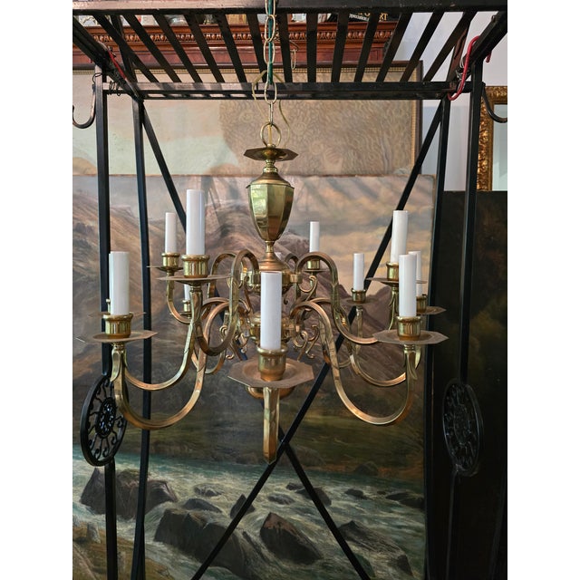 Vintage Mid Century English Brass 12 Light Chandelier For Sale In Boston - Image 6 of 15