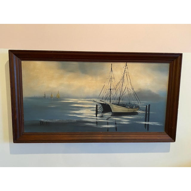 Vintage Ship Boat Seascape Oil Painting With Schooners Signed Brent For Sale - Image 9 of 9