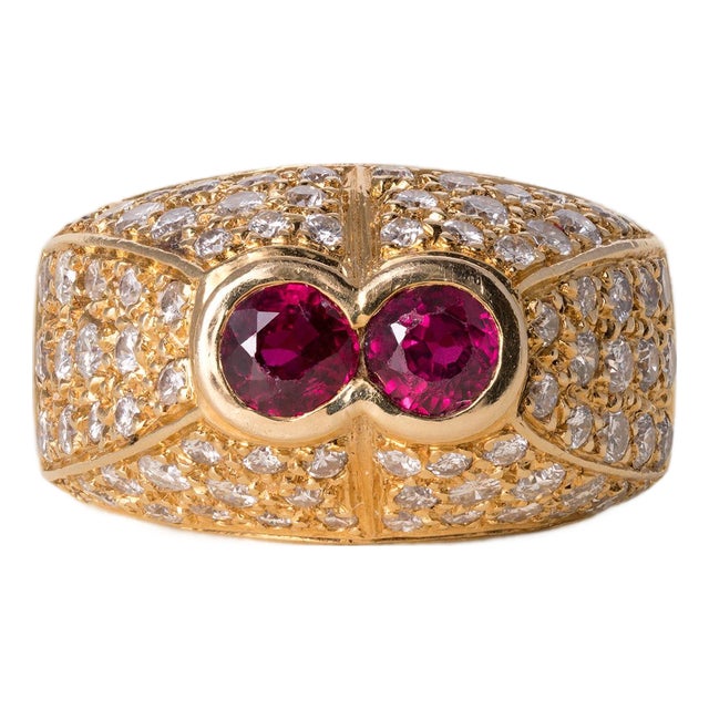 Vintage French 18k Gold Double Ruby and 1.60 Carat Diamond Pyramid Dome Ring, Size 6 For Sale