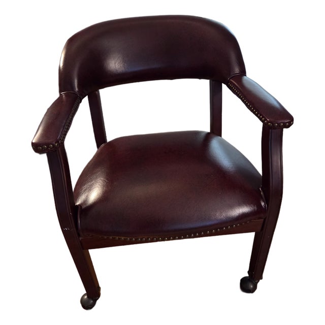 Burgundy Leathersoft Office Chair With Nail Accent on Casters for Mobility For Sale