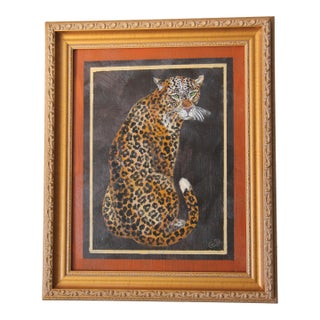 Leopard Portrait Style of Skilling English Traditional Realism Goldenrod Sienna Brown Original Oil Painting by Cleo Plowden For Sale