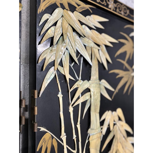 Mother Nature Early 19th Century Large 4 Panel, Room Divider/ Work of Art. Carved Mother-of-Pearl on Ebony Enamel Wood Depicting Family of Pandas. For Sale - Image 4 of 9