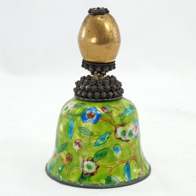 Chinese Qing Chinese Enameled Metal Bell With a Bronze Mandarin Hat Finial For Sale - Image 3 of 9