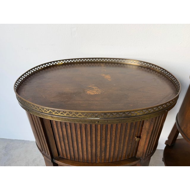 Vintage Baker Furniture French Regency Style Tambour Door Nightstands With Pierced Brass Gallery – A Pair For Sale In Miami - Image 6 of 12