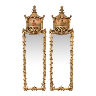 Antique European Chinoiserie Hand Carved Gilt Pagoda Wall Mirrors - A Pair For Sale