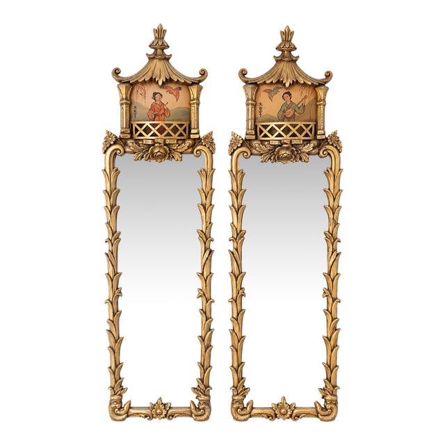 Antique European Chinoiserie Hand Carved Gilt Pagoda Wall Mirrors - A Pair For Sale