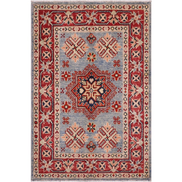 Blue Boho Chic Kazak Tribal Light Blue/Red Wool Rug - 2'0''x3'0'' For Sale - Image 8 of 10