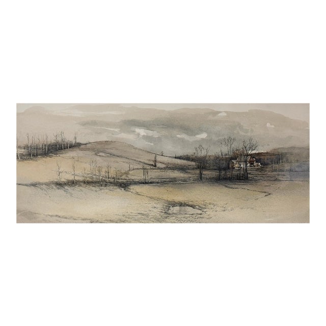 Vintage Realist Winter Brandywine Drypoint and Watercolor Landscape With Farmhouse, Framed For Sale