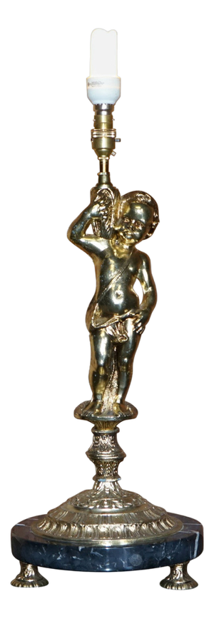 Large Marble & Brass Table Lamp with Cherub Puttis Angel, 1940s