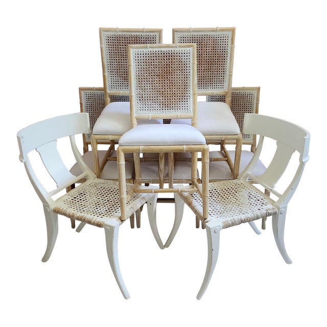 Klismos & Faux Bamboo Distressed Greecian Plaster Style Finish Dining Chairs, 2 Klismos End Chairs, 6 Bungalow 5 Aubrey Side Chairs For Sale
