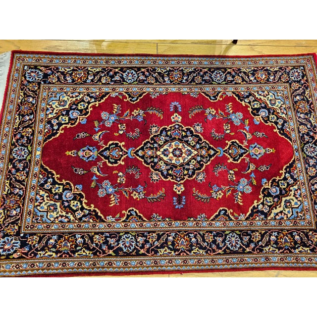 Textile Vintage Persian Kashan Rug, Hand-Knotted Wool, Floral Pattern, Red & Navy, 4x6 For Sale - Image 7 of 17