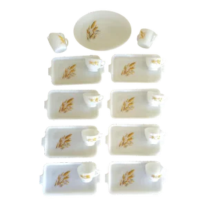 Mid-Century Fireking by Anchor Hocking Autumn Wheat White and Gold Milk Glass Serving Set - 11 Pieces