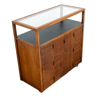 1960s Mid Century Modern Serving Cart Trolley Rolling Bar Glass Cane Front Server For Sale