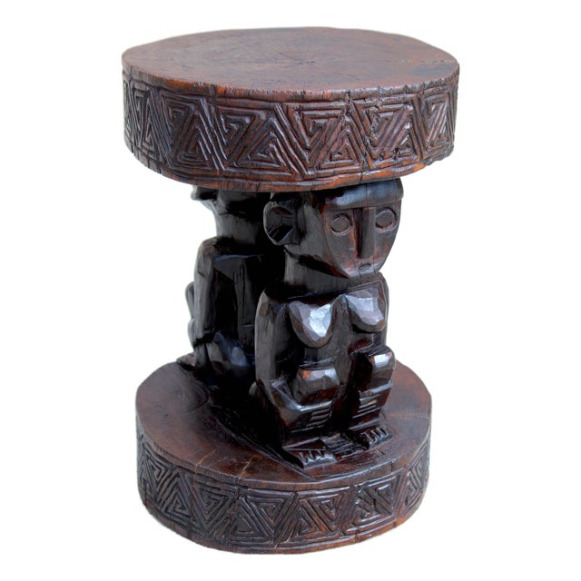 Vintage Hand-Carved African Man & Woman Figural Stool – 20.5” H X 15.75” W Sculptural Tribal Side Table With Geometric Carving For Sale