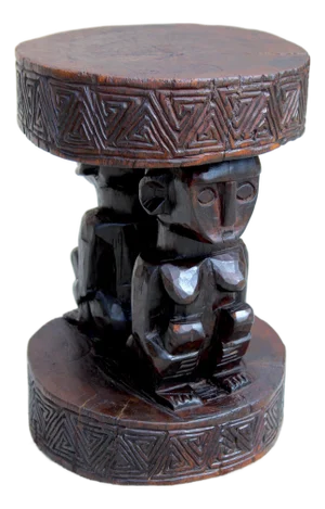 Vintage Hand-Carved African Man & Woman Figural Stool – 20.5” H X 15.75” W Sculptural Tribal Side Table With Geometric Carving