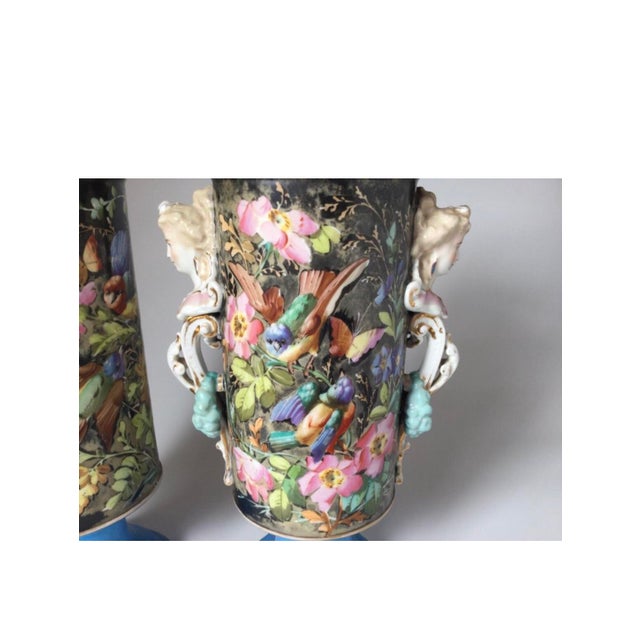 Beautiful Large 16 Inch Pair Antique French Porcelain Urns or Vases Eclectic Victoria Aesthetic Movement Naturalism Maidenhead Handles For Sale - Image 6 of 11