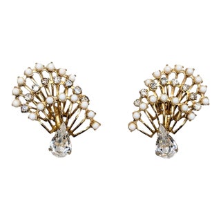 Vintage Signed Hattie Carnegie White Cabochon & Clear Rhinestone Clip Earrings-2 Pieces For Sale